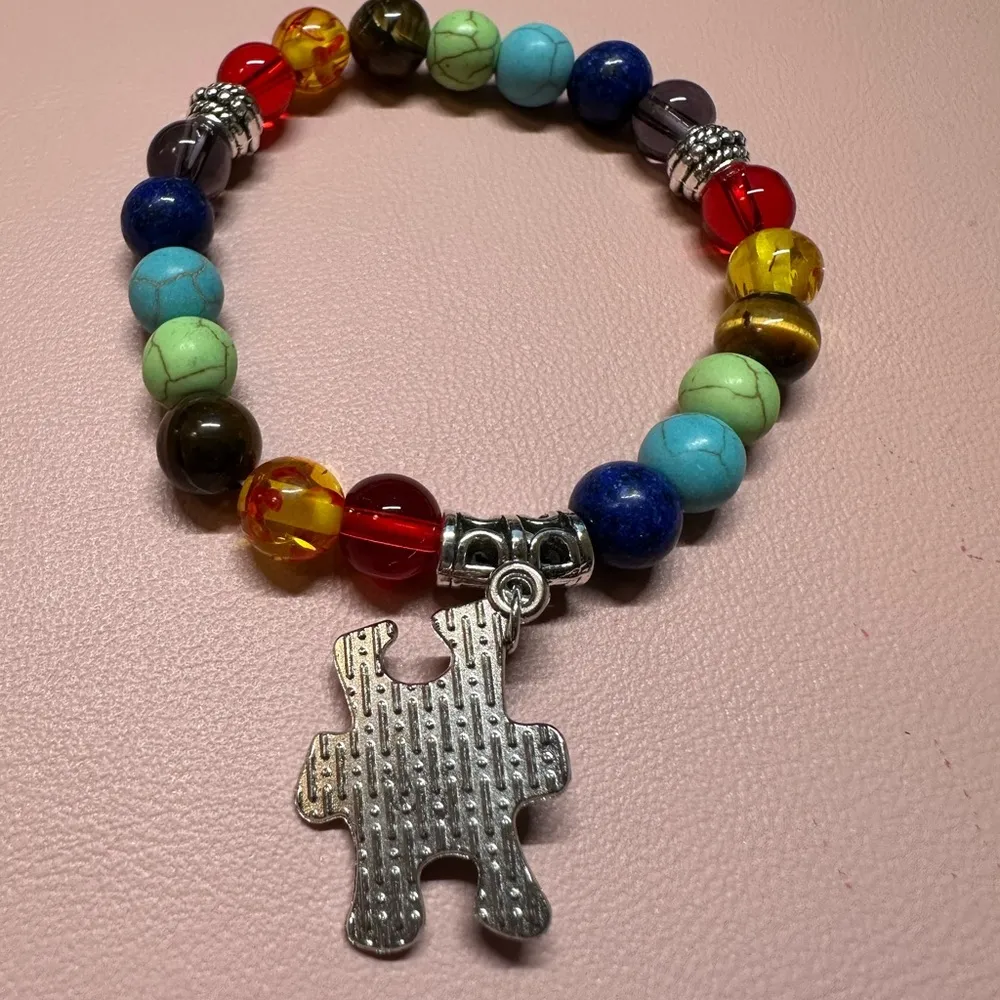 Colorful Puzzle Charm Autism Support Bracelet Red - Image 2