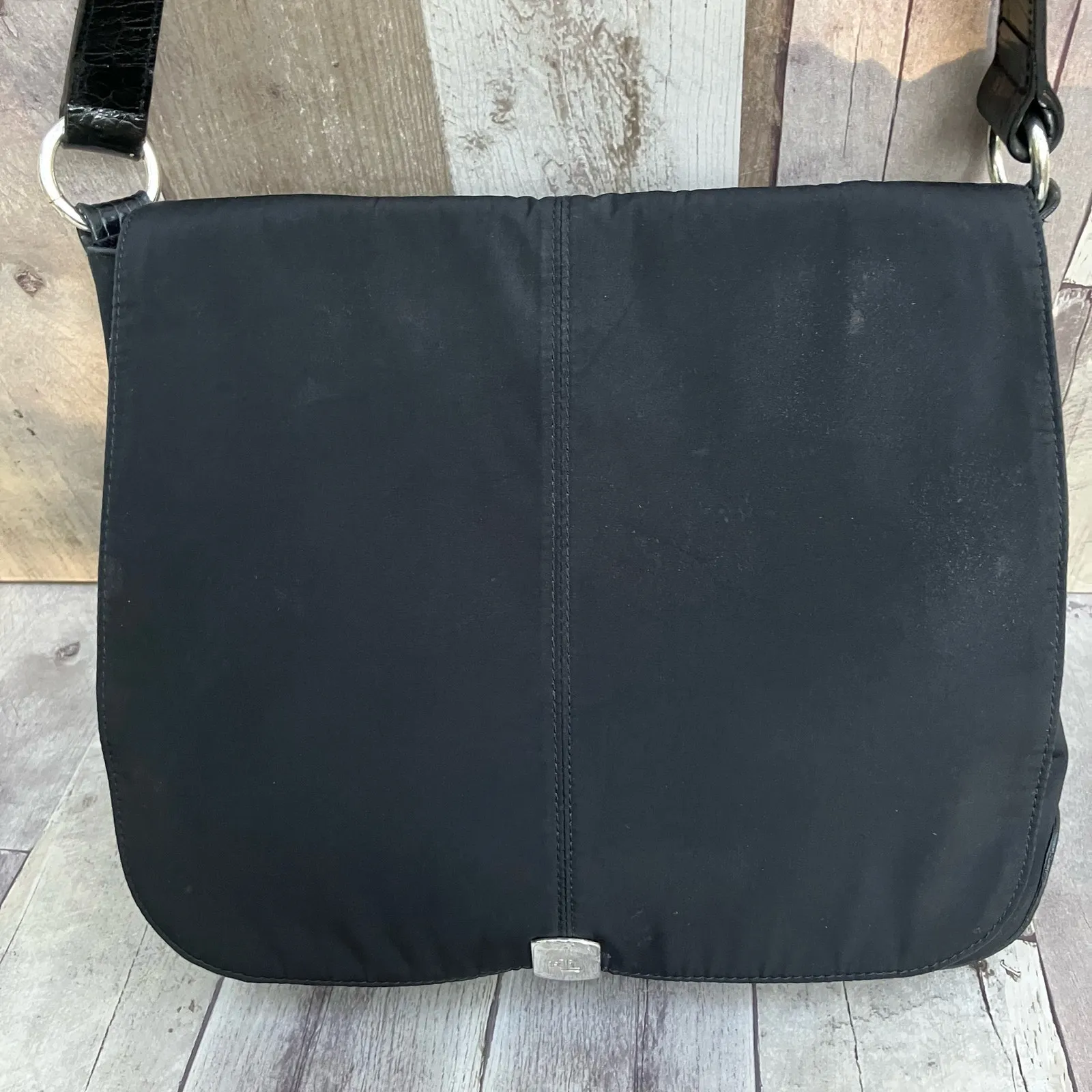 Ralph Lauren Purse Nylon Leather Messenger Crossbody Mock Croc Preppy Old Money Black - Image 2