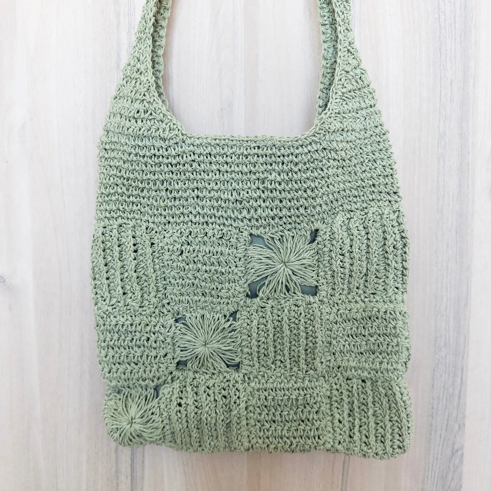 Womens Handmade Jute Shoulder Bag Sage Green Boho Floral Hobo Beach Cottage - Image 5