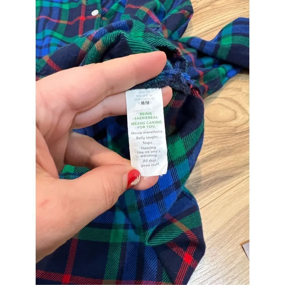 Aerie Blue Green Plaid Button Down Flannel Sz M - Image 4