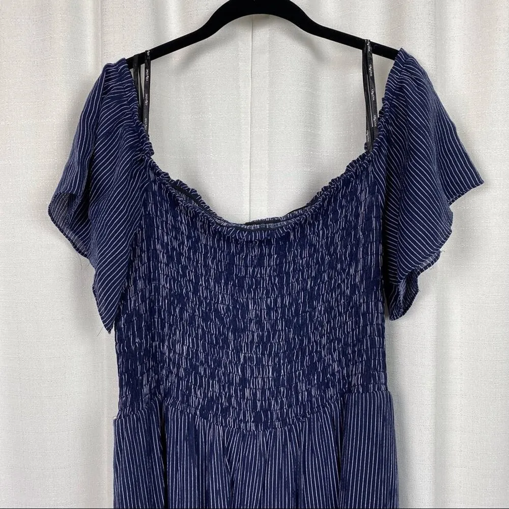 City Chic Blue&White Stripe Off The Shoulder Smocked Midi Dress Sz.L(20) - Image 5