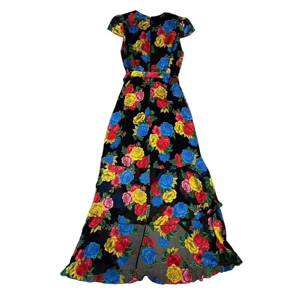 Alice And Olivia Erika Silk Ruffle Belted Tie Floral Maxi Dress Multi Size 4 - Image 8