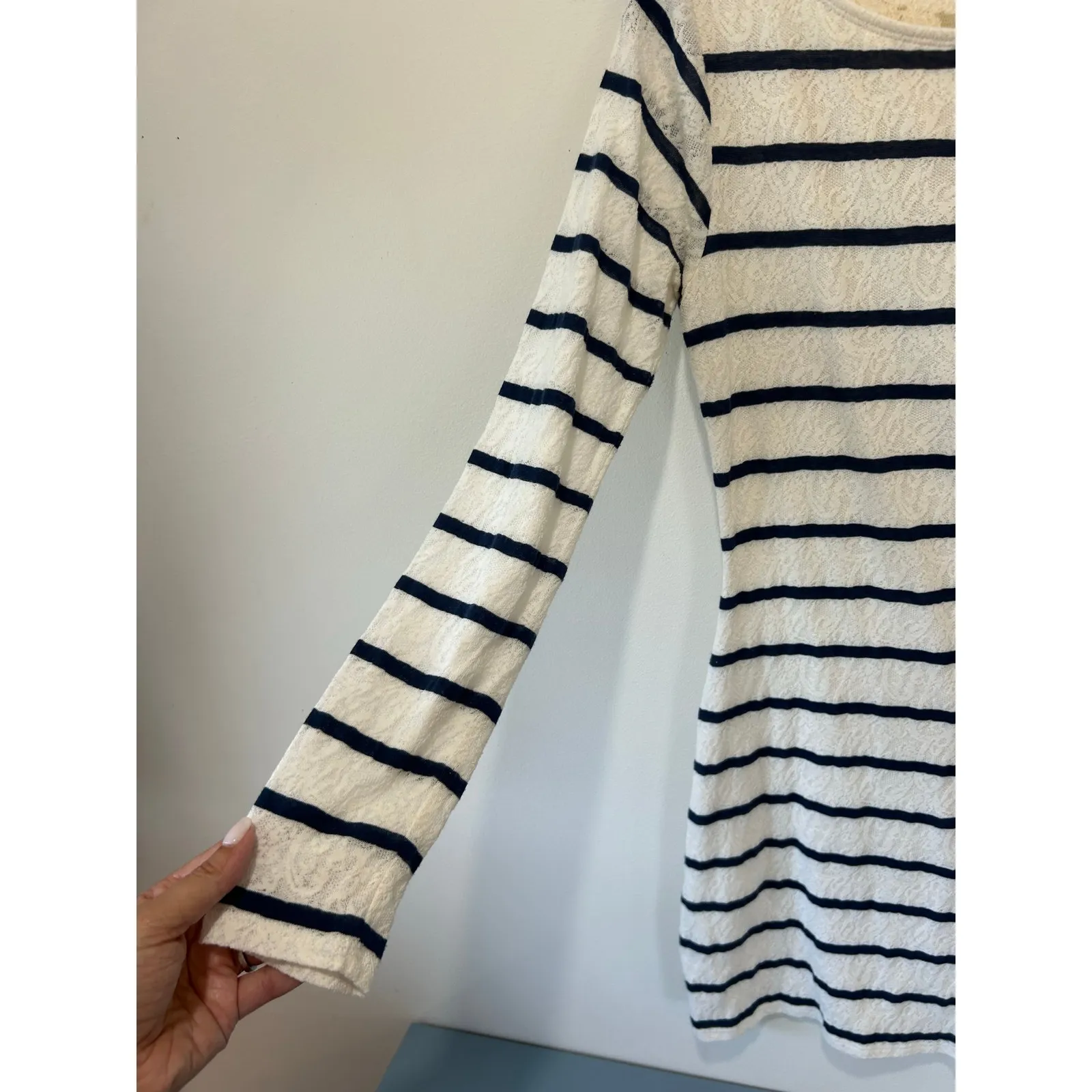 Abercrombie & Fitch bodycon y2k dress white blue stripes lace long sleeve size L - Image 6