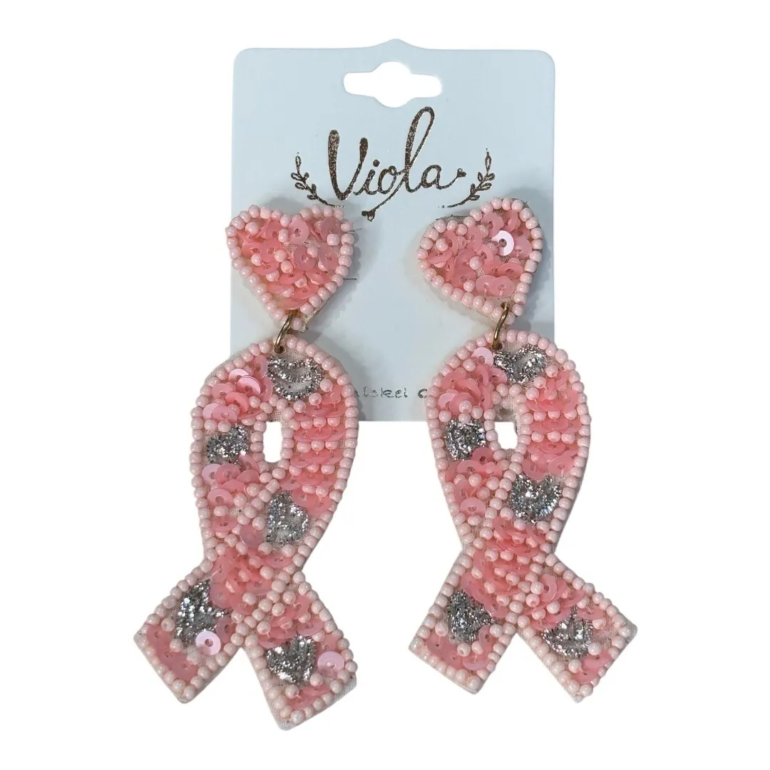 Pink Ribbon Earrings Heart Beaded Sequin Dangle Drop Breast Cancer Awareness - Image 4
