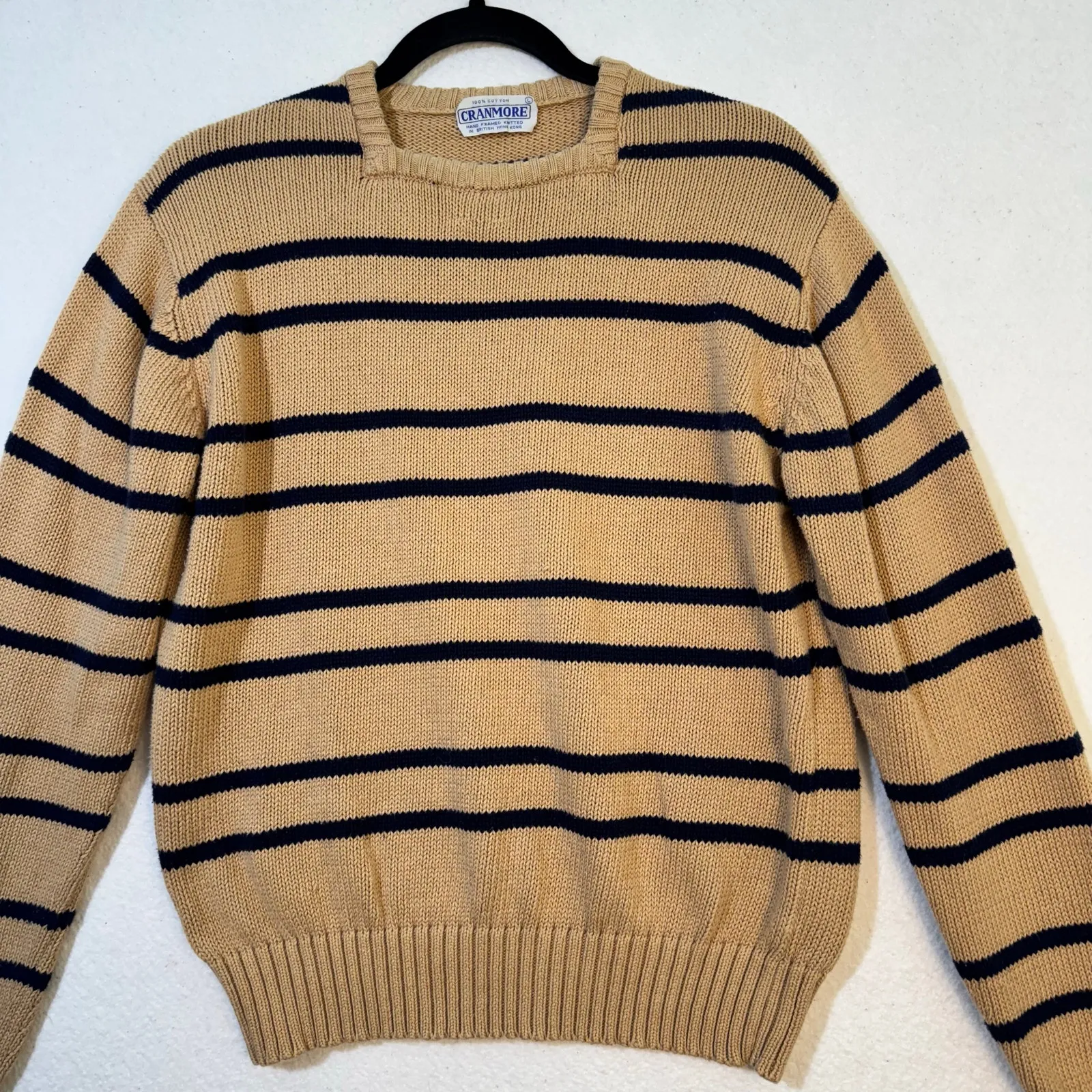Cranmore British VTG Cotton Square Neck Tan Knitted Sweater Navy Striped Large - Image 3