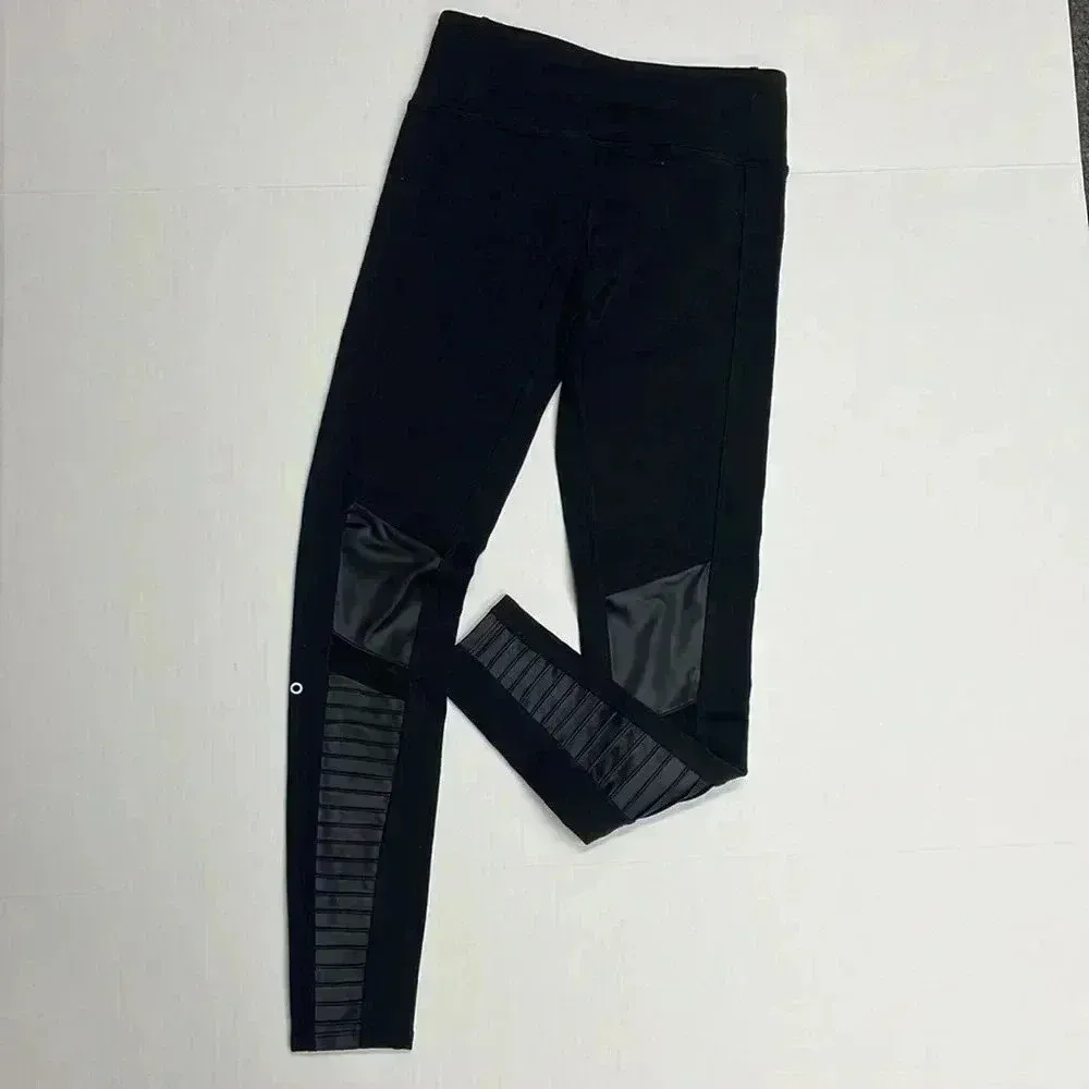 ALO YOGA Moto Leggings Dark Gray Mesh Panels Size XS - Image 4