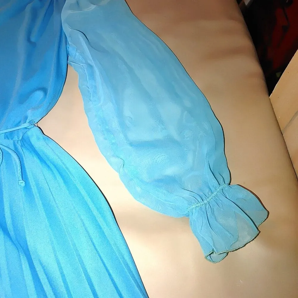 Women's Blue Midi 60 Sheer Polyester Long Sleeve Zig Zag V Neck Dress Vintage Size M - Image 6