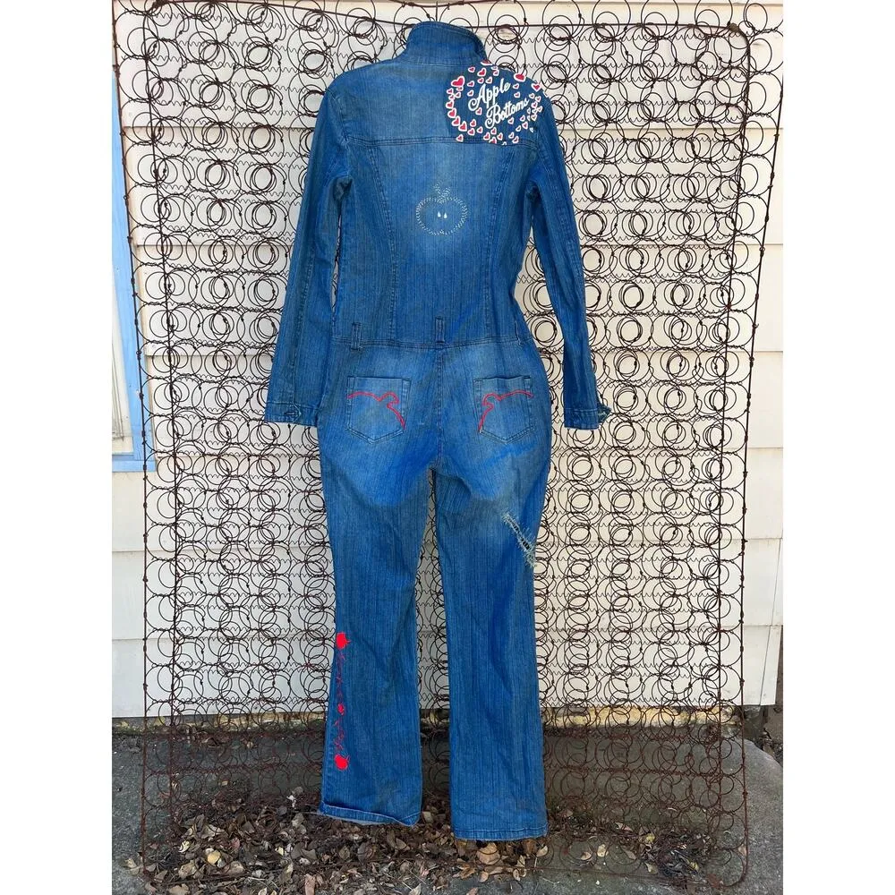 VTG 90s Y2K apple bottom jeans denim embroidered logo distressed jumpsuit XL - Image 8