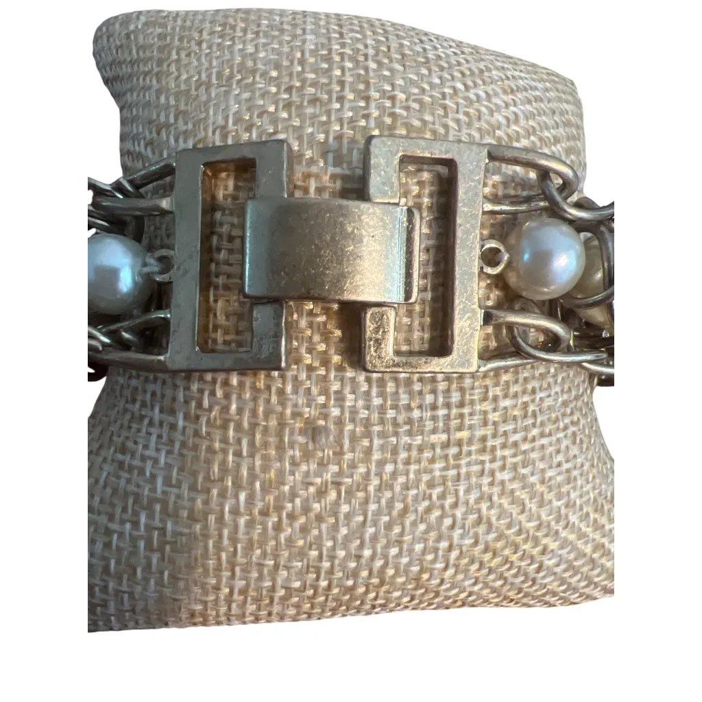 Vintage J Crew Faux Pearl Gold Tone Statement Bracelet Fold Over Clasp 6.5" READ - Image 4