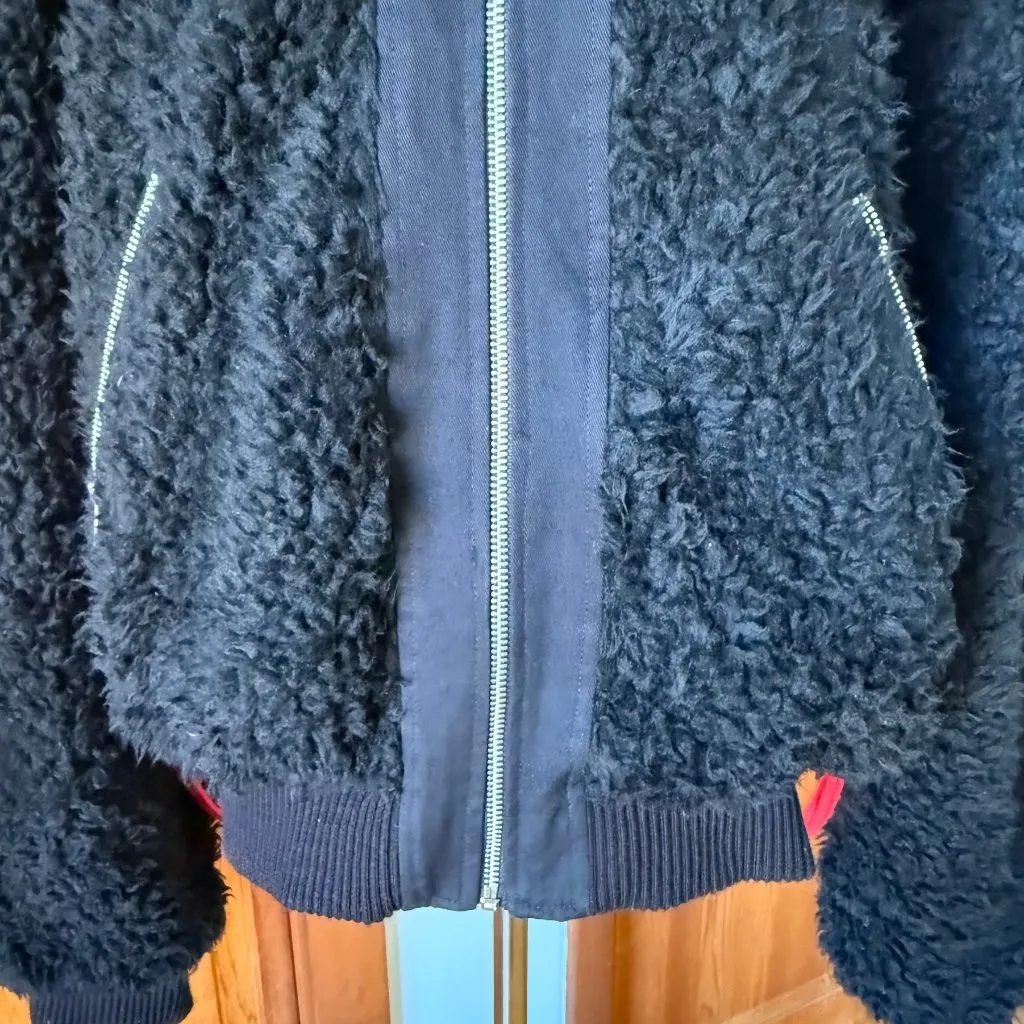 Vintage Lip Service Punk Goth Y2K Black Faux Fur Bondage Bomber Jacket L - Image 4