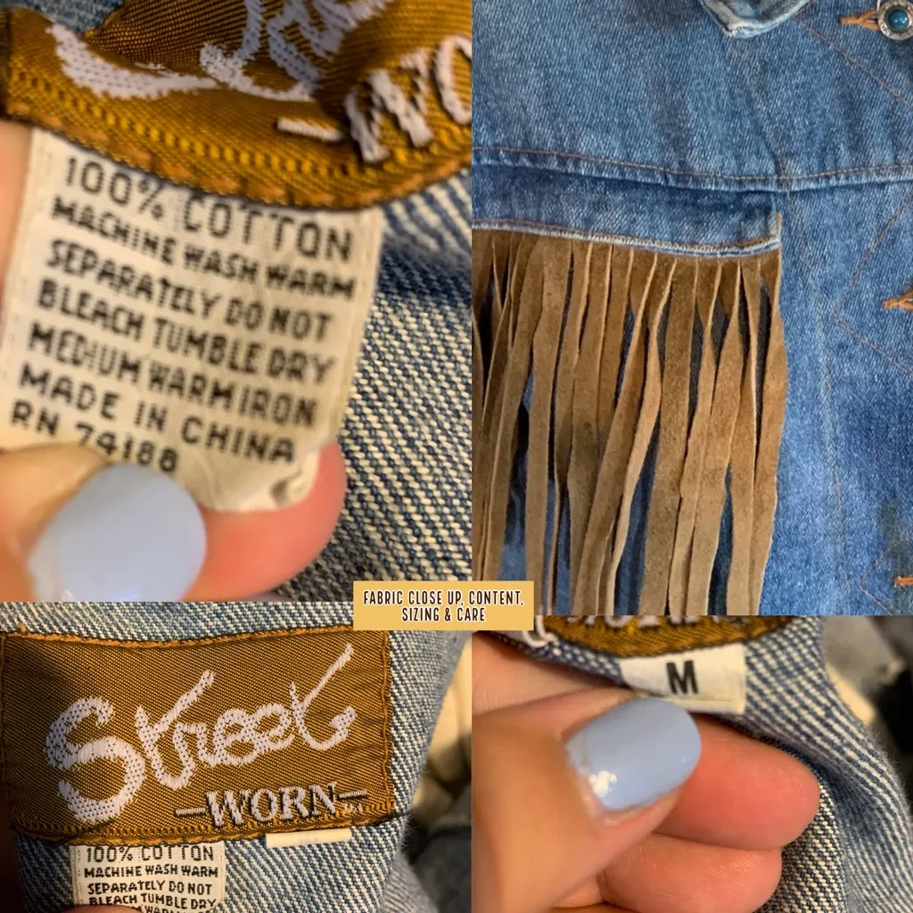VINTAGE 1990'S STREET WORN BLUE DENIM JACKET W/TAN SUEDE FRINGE ACCENTS (M) Size M - Image 13