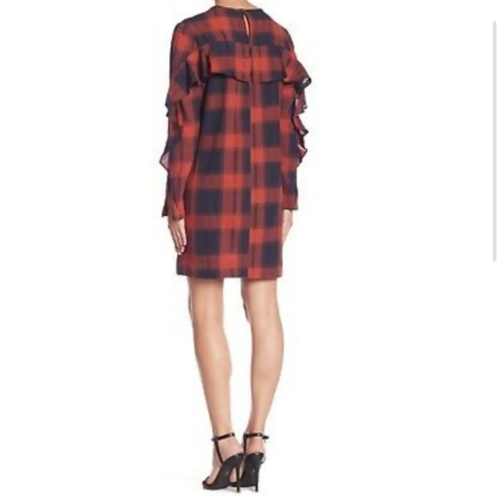 BCBGeneration Black and Orange Plaid Ruffle Log Sleeve Light Weight Dress Size S - Image 3