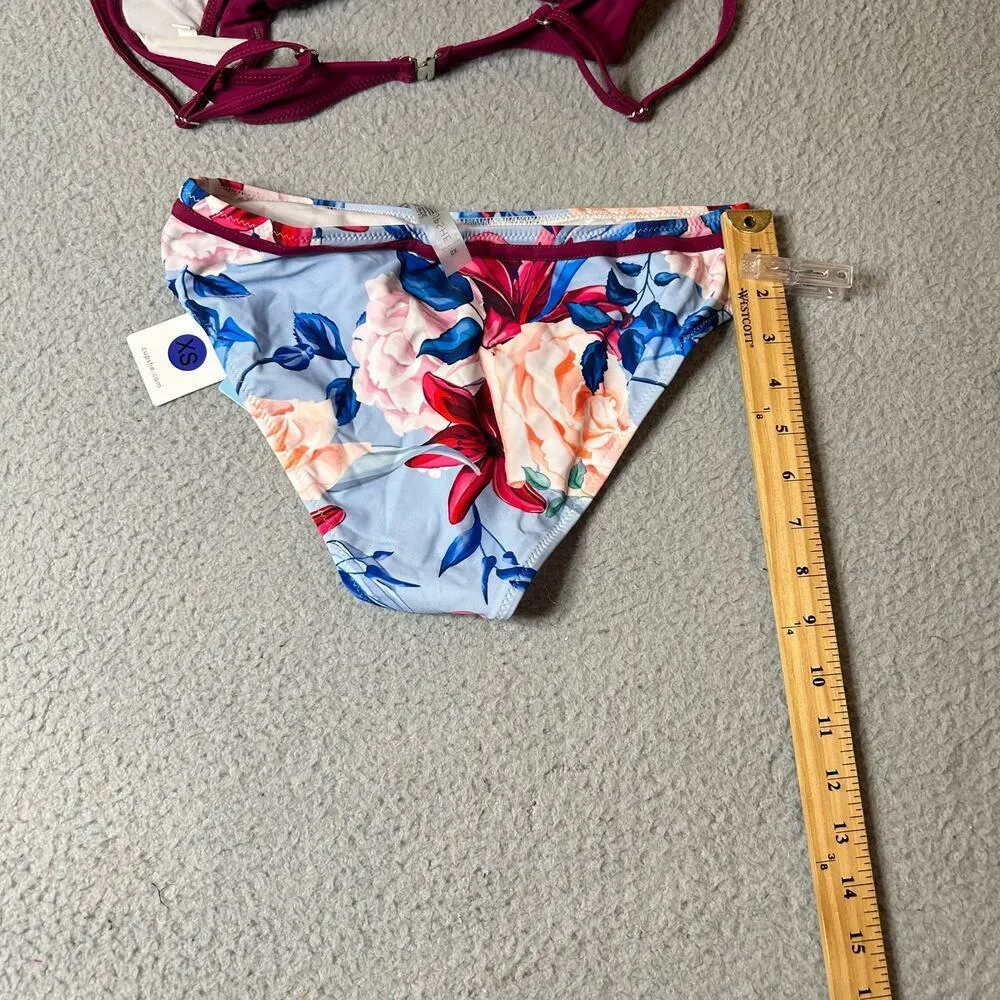 Cupshe Bikini Womens XS Burgundy Wrap Top Floral Bathing Suit Two‎ Piece NEW - Image 4