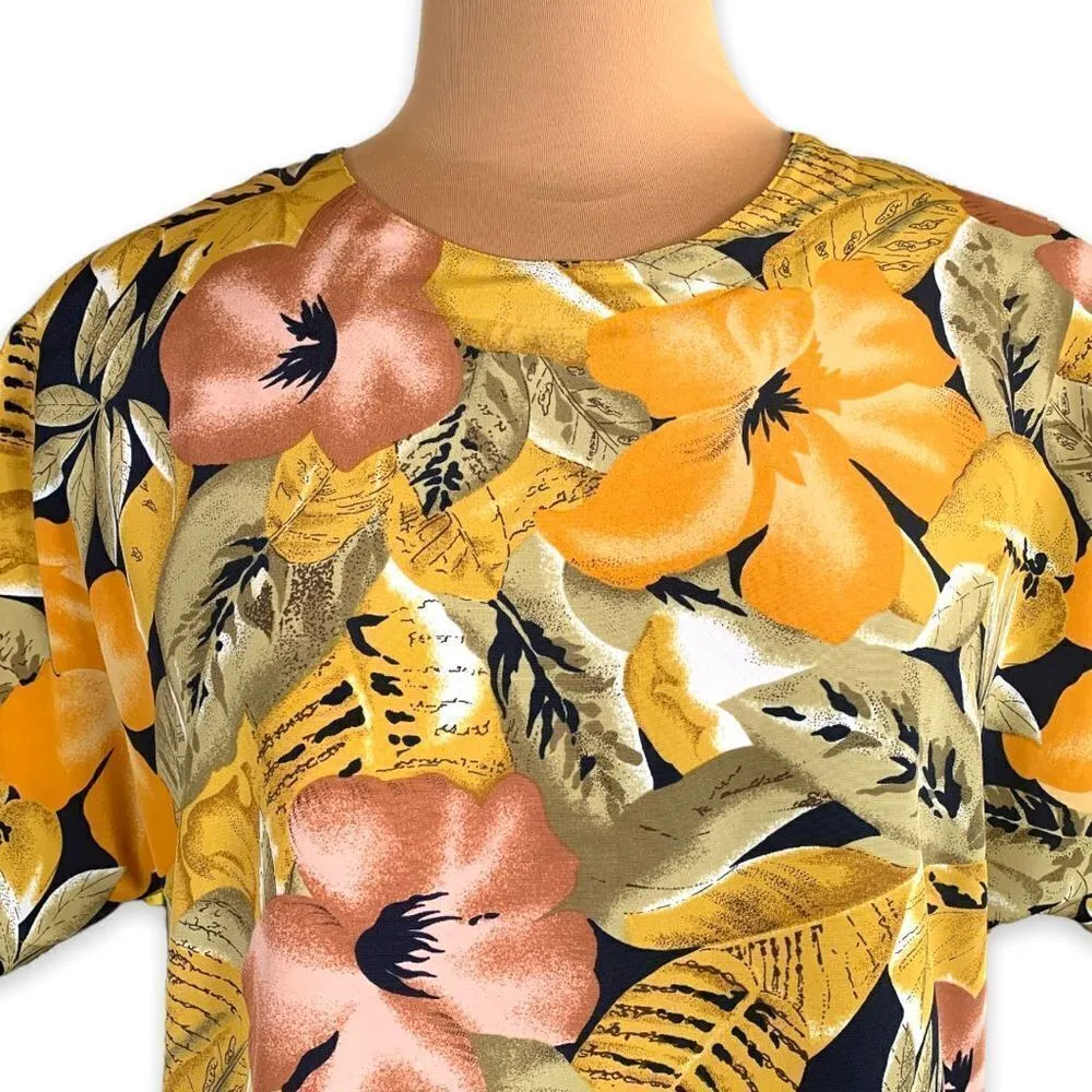 Vintage 80s Shirt Black Yellow Short Sleeve Tropical Dark Floral Crewneck Large - Image 5
