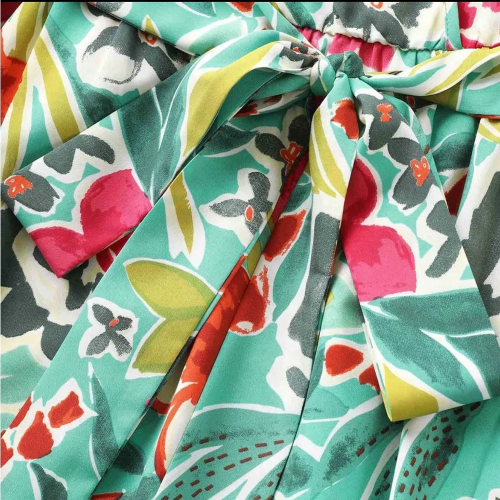 Floral Wrap Patchwork Ruffle Cap Sleeve Dress - Image 5