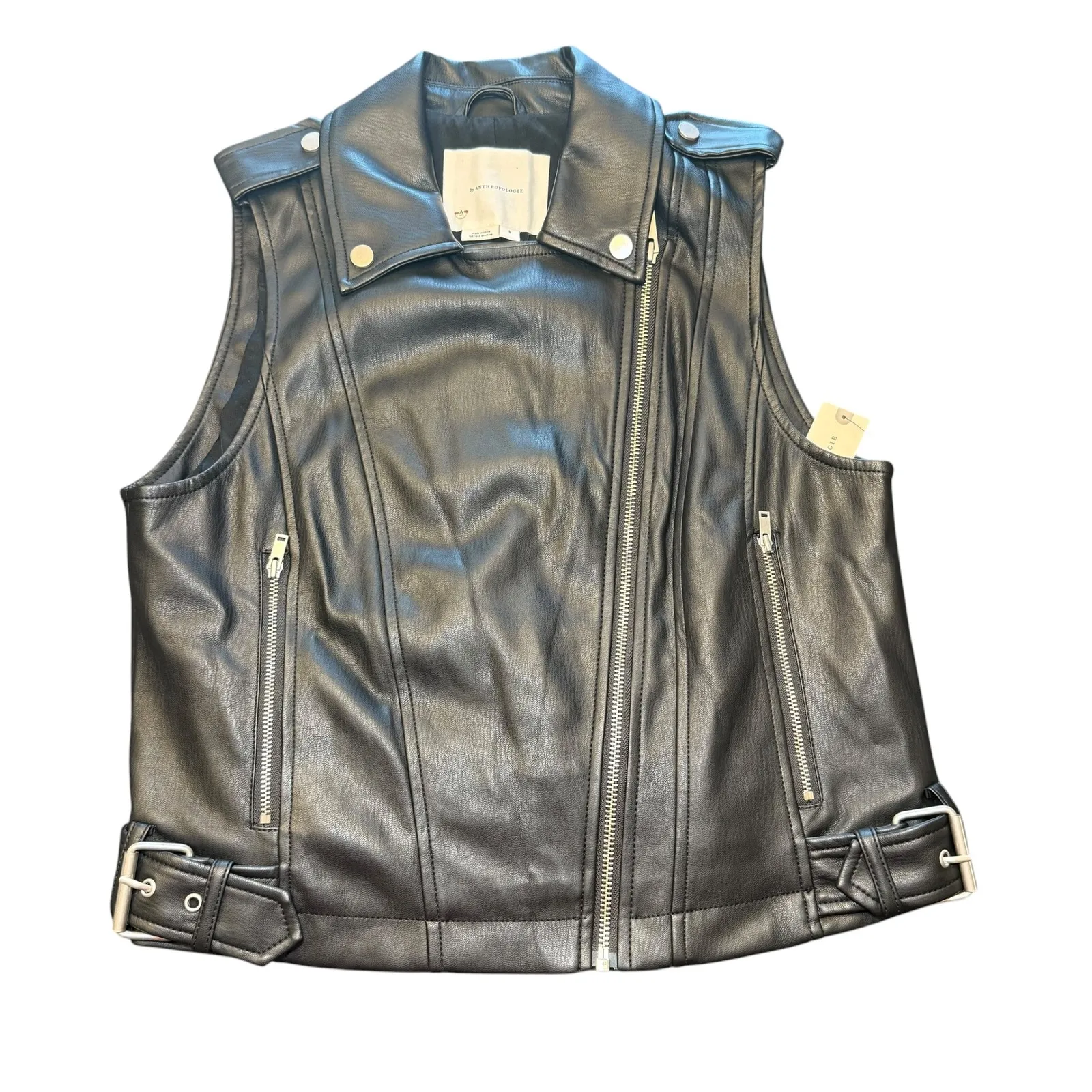 by Anthropologie Black Faux Leather Moto Vest Sleeveless Jacket‎ Small NWT - Image 2