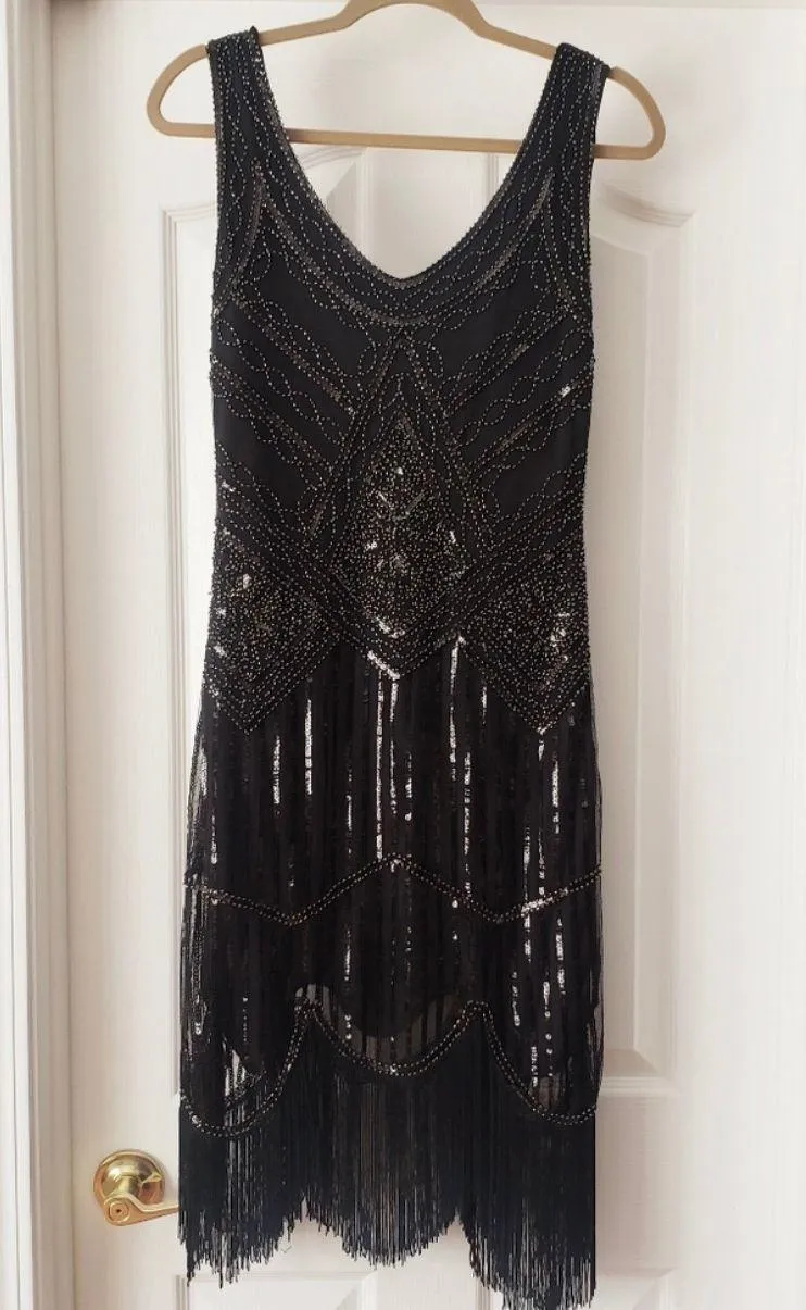 Black Beaded Fringe Hem Flapper Style Dress - Image 2