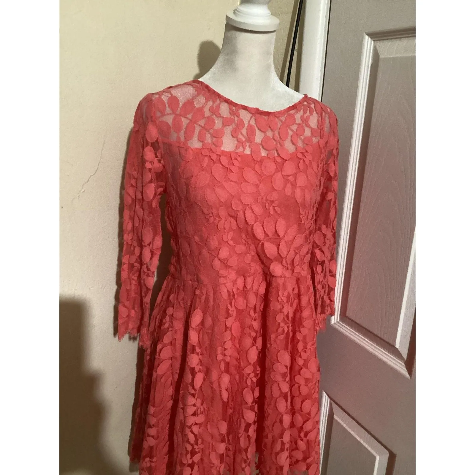 Free People Dress Womens 12 Lace Fit and Flare Floral Sheer Long Sleeve Boho - Image 2