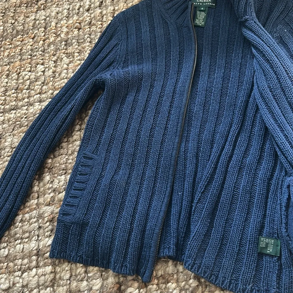 Ralph Lauren Navy Silk Linen Blend Zip Up Knit Sweater Size Small - Image 8
