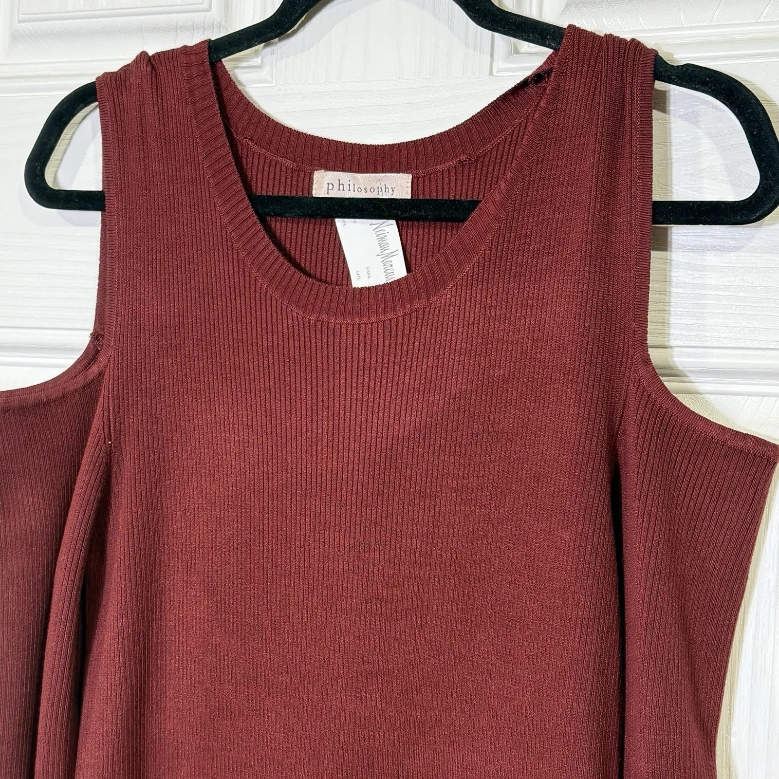 Philosophy Women's Midi‎ Dress Burgundy Ribbed Open Shoulder Fitted NEW - Image 4