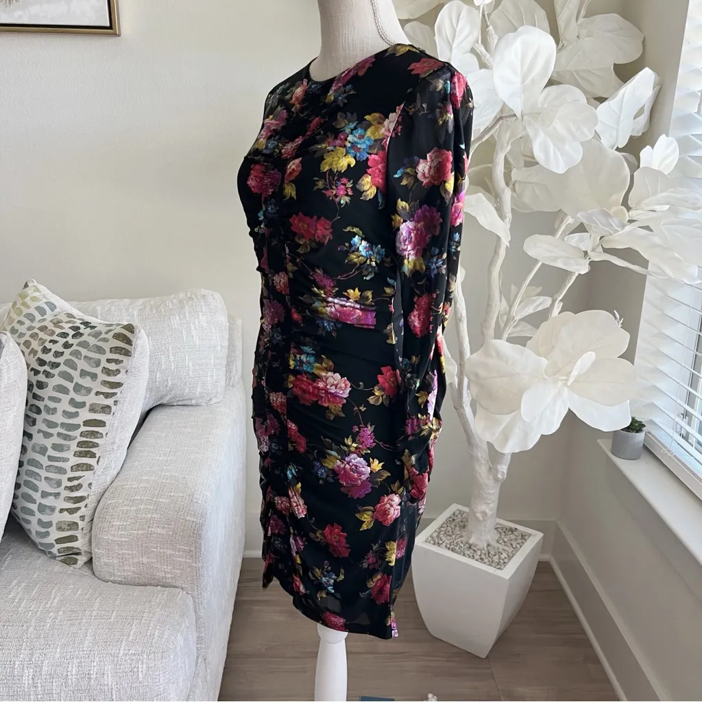 Parker Adrienne Long Sleeve Floral Fitted Ruched Multicolor Black Dress - Image 7