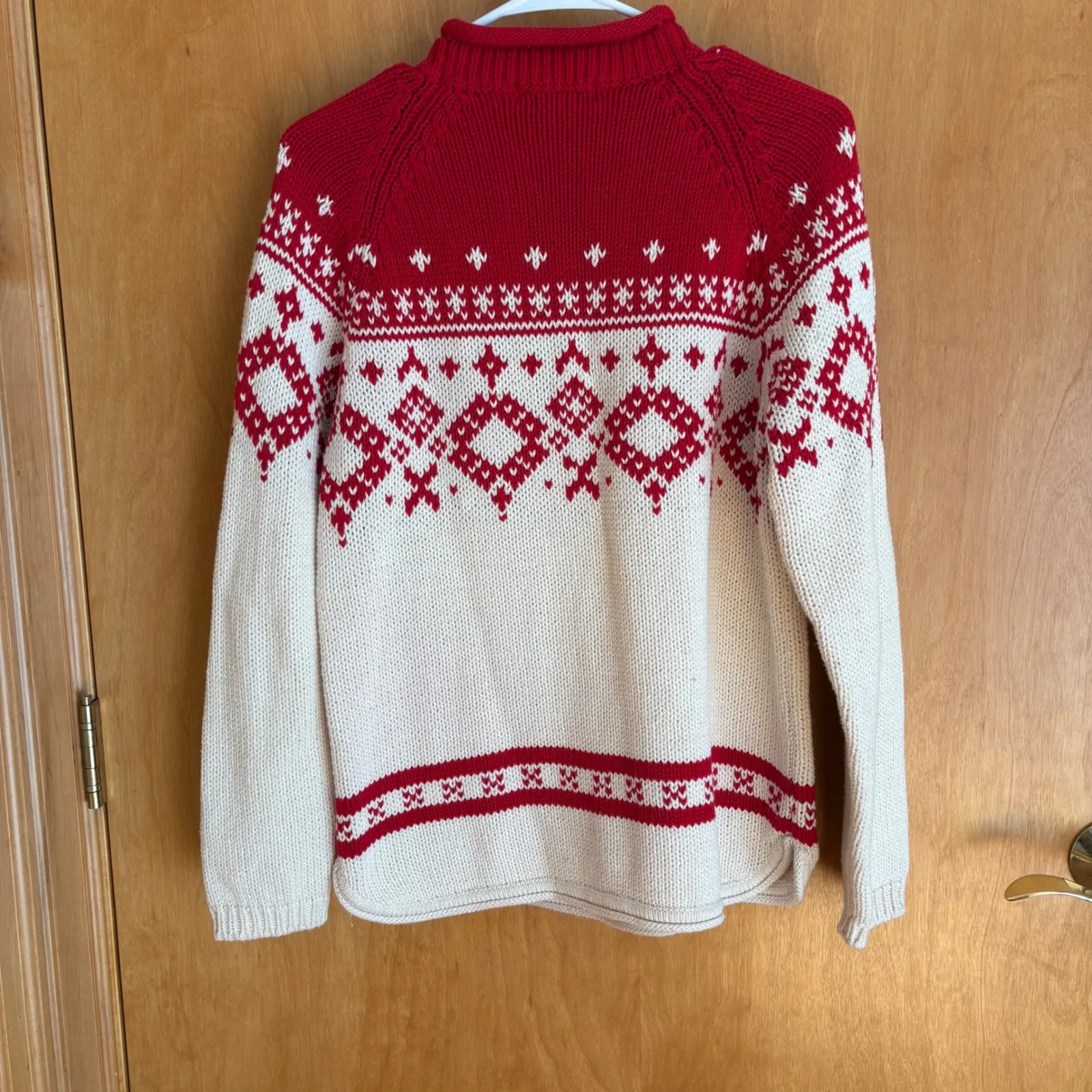 Eddie‎ Bauer Womens Petite Fair Isle Sweater Red Cream Mock Neck Cotton S - Image 5