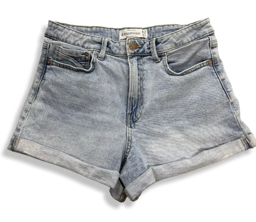 Stradivarius Shorts Womens Size US 10 Mom Slim Fit High Rise Blue Denim Cuffed - Image 1