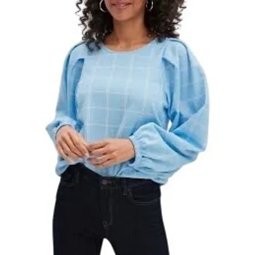 Blue Plaid Puff Sleeve Crew Neck Top Banana Republic Women's Size L EUC - Image 2