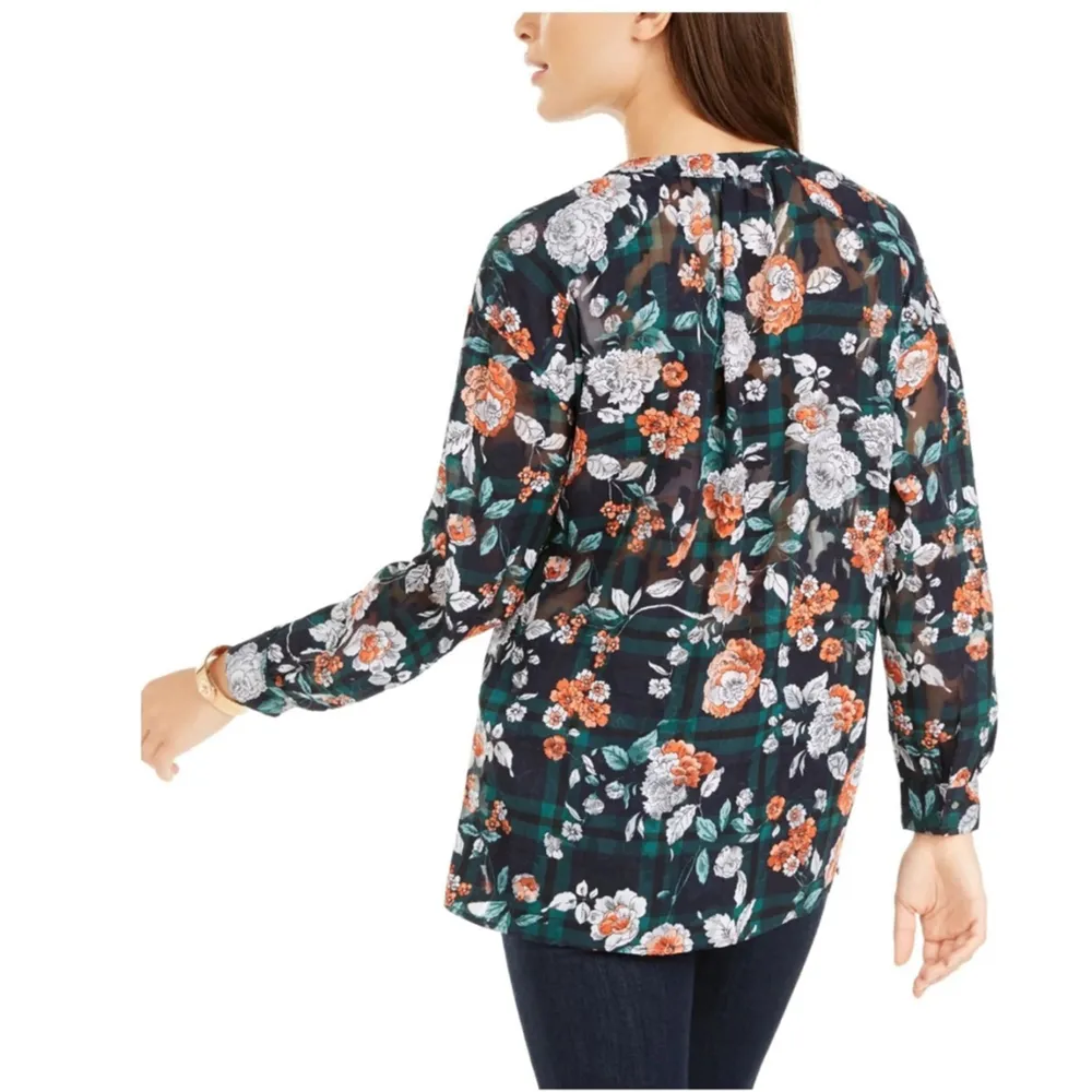 TOMMY HILFIGER Womens Green Floral Long Sleeve V Neck Top L - Image 2
