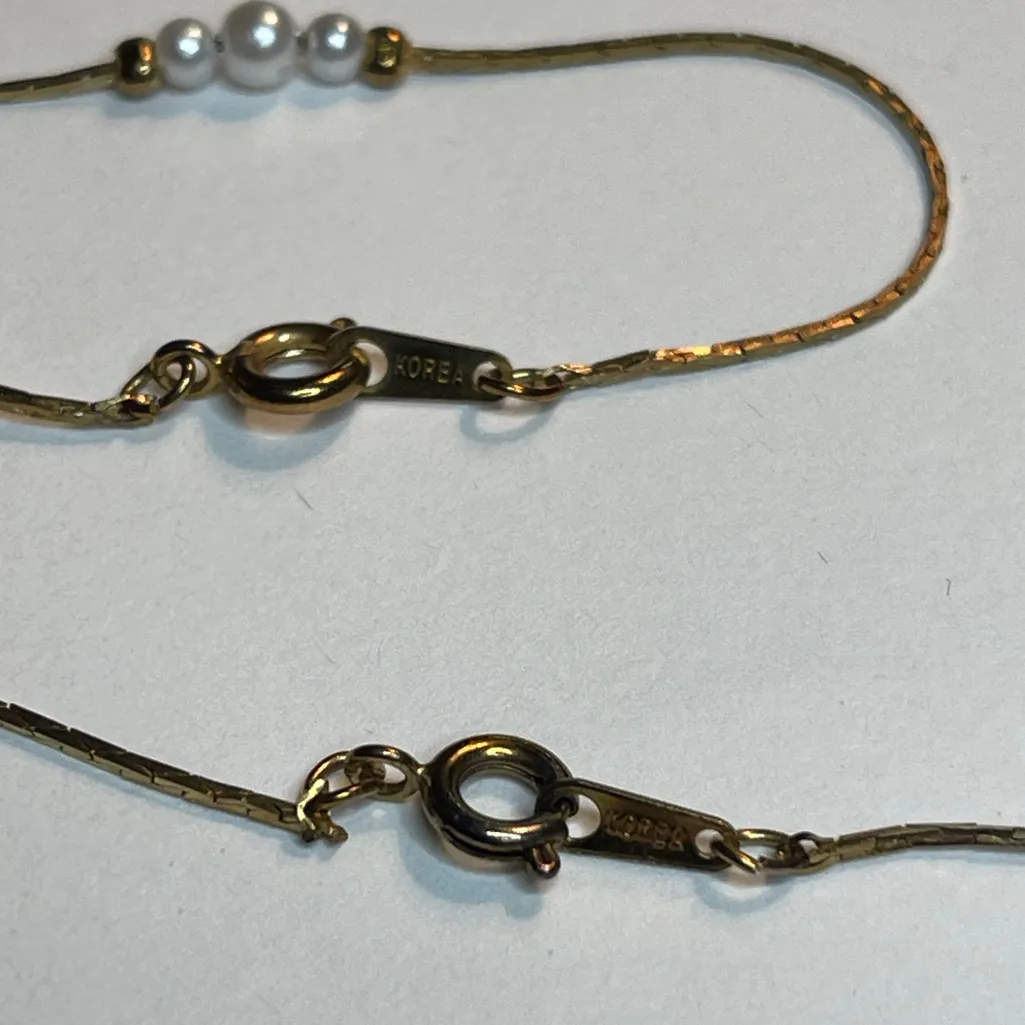 Vintage Signed Korea Faux Pearls gold tone chain Extra Long Necklace set of two - Image 4