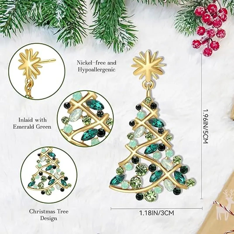 Sparkling Rhinestone Christmas Tree Dangle Earrings for Women Green - Image 4