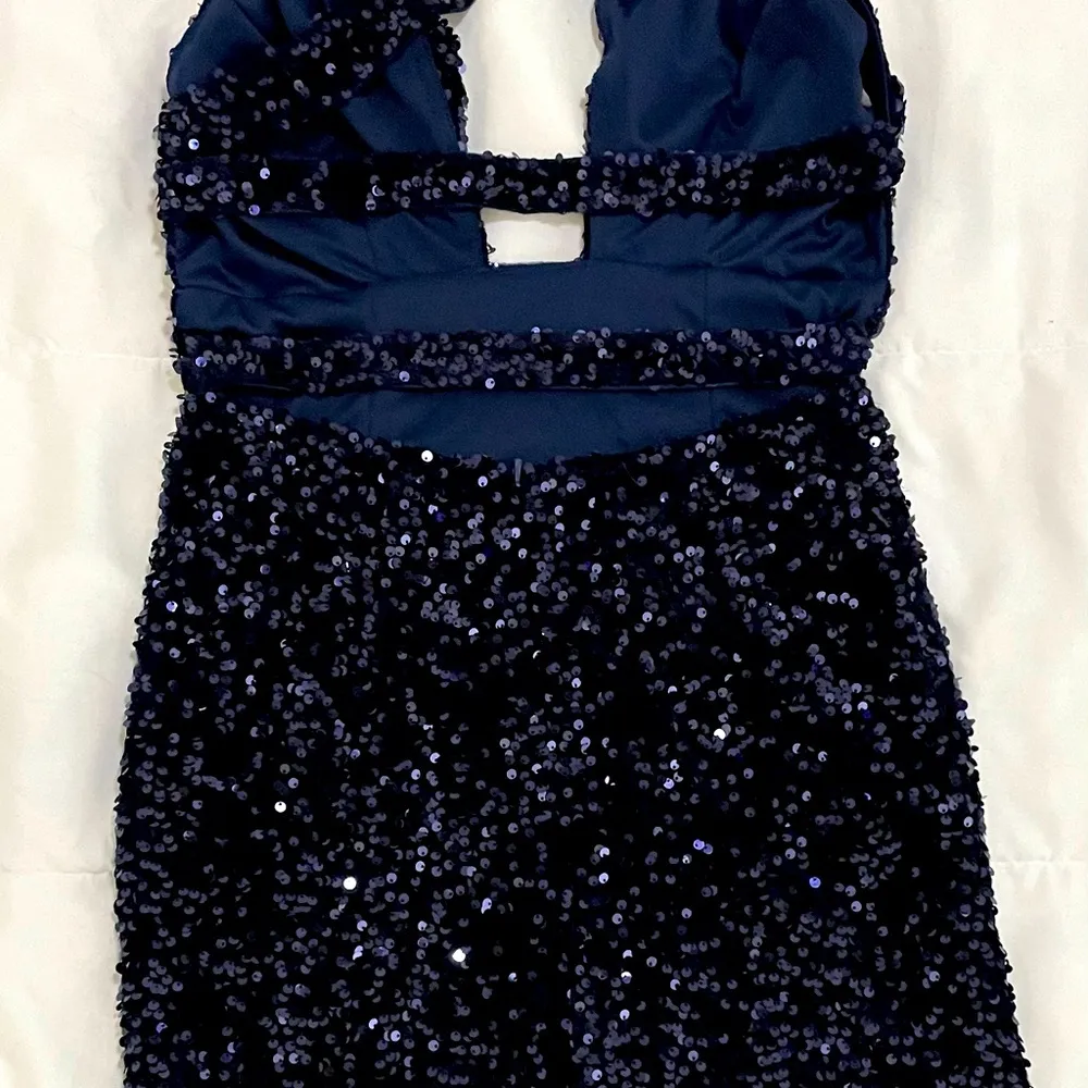 Juniors Navy Blue Sequin Halter Dress - Image 3