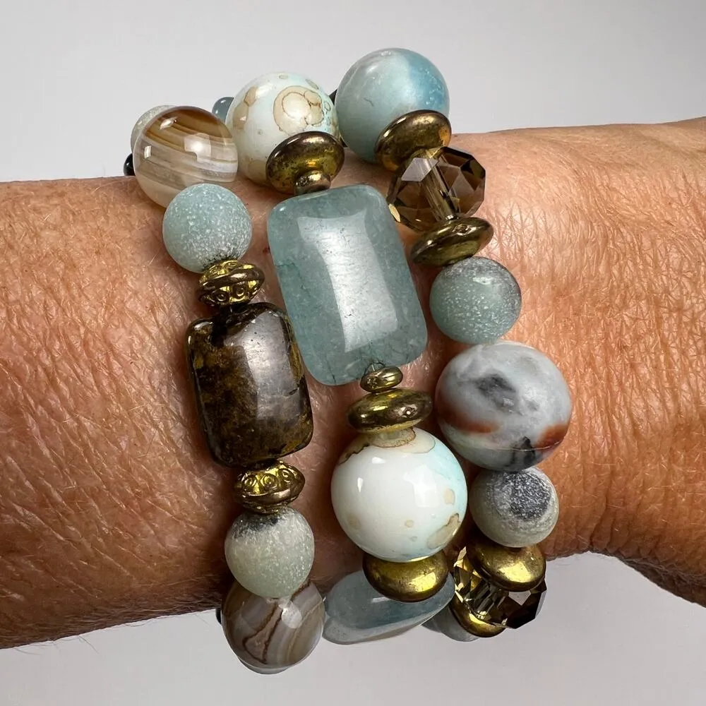 Handmade Beaded Bracelet Trio Earthy Color Theme Mixed Metal Beads Browns Blues - Image 4