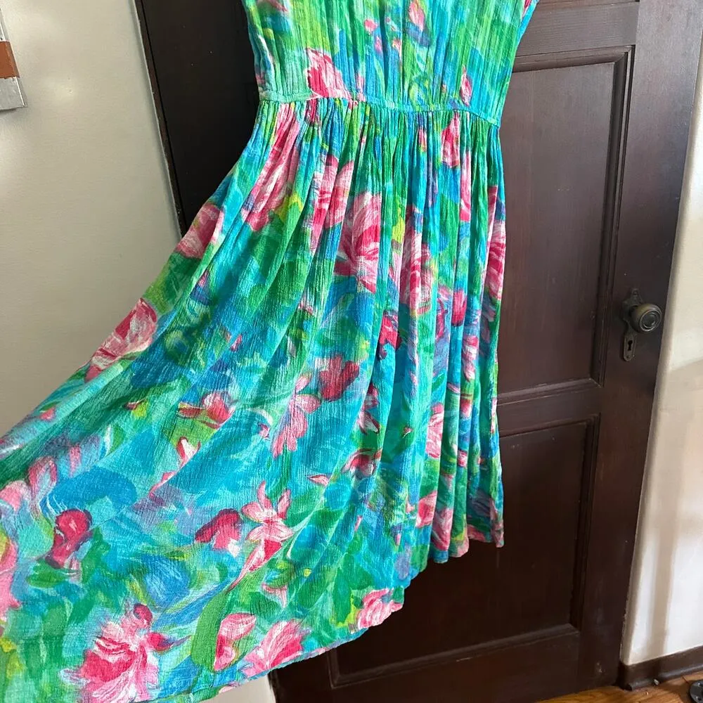 70s Vintage BILA of CALIFORNIA | Bright Floral Cap Sleeve Gauze Dress | Small Blue - Image 4