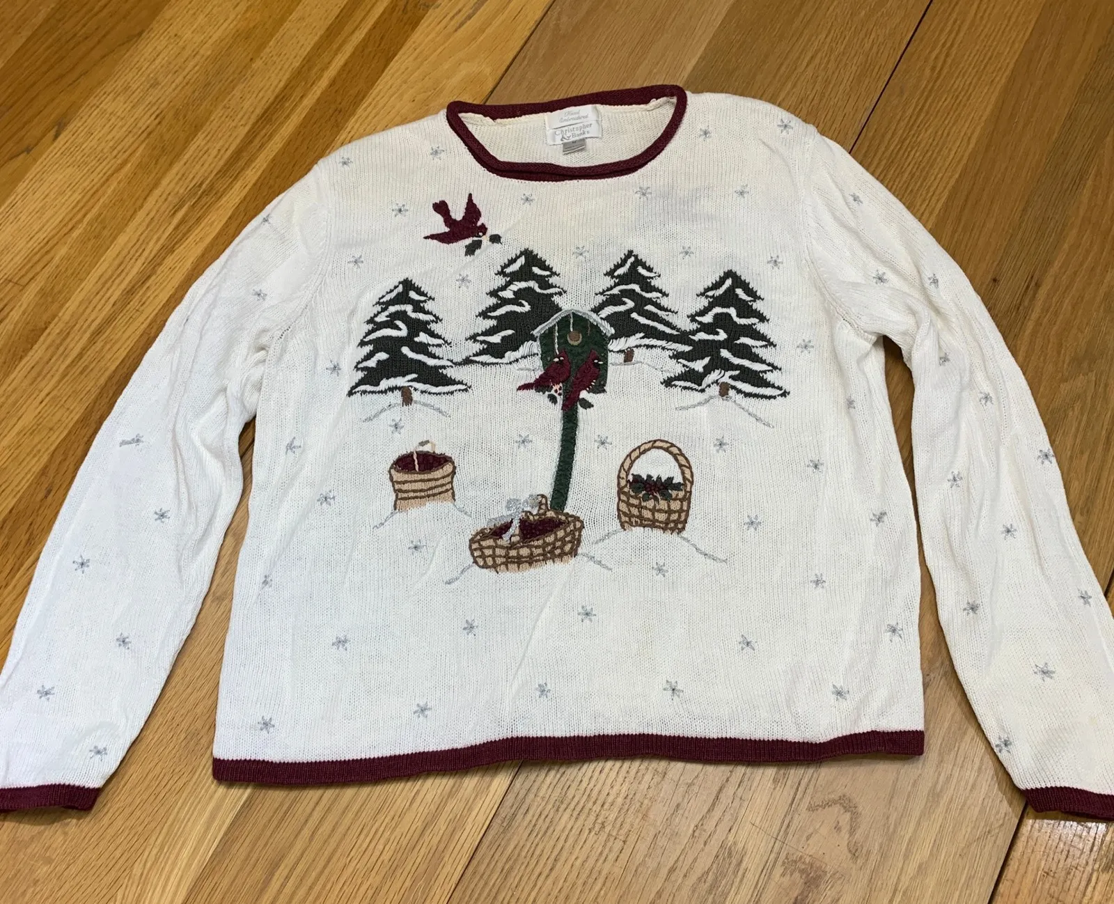 Christopher Banks Womens White Hand Embroidered Christmas Sweater Size M Vintage - Image 1