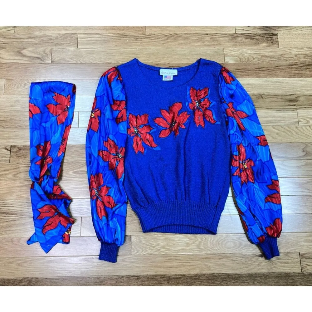 Vintage Anthony Sicari Poinsettia Floral Knit Sweater Womens Med Blue Red Scarf - Image 4