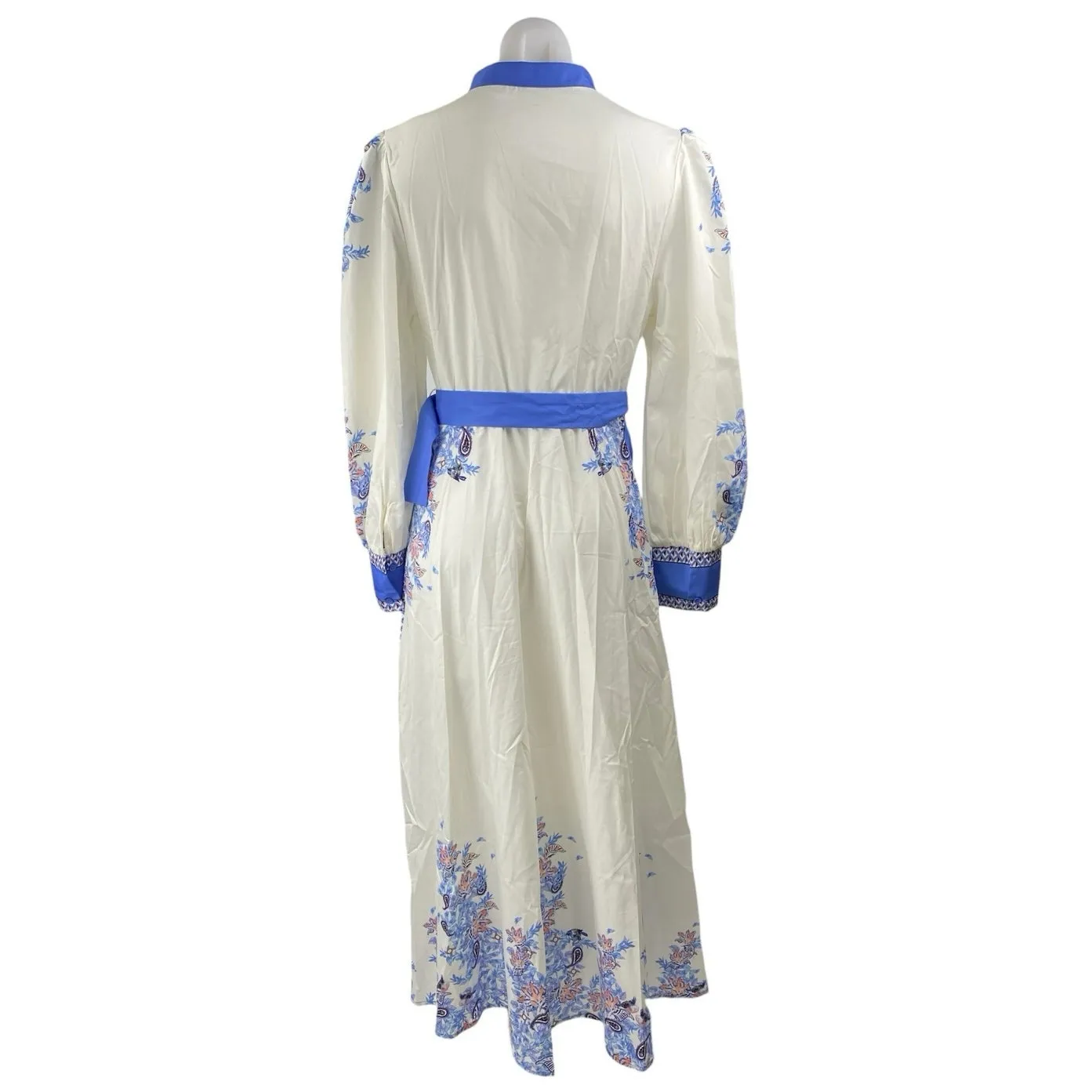 Women's White Blue Floral Long Sleeve Button Up Belted A Line Maxi Dress Size L Size L - Image 3