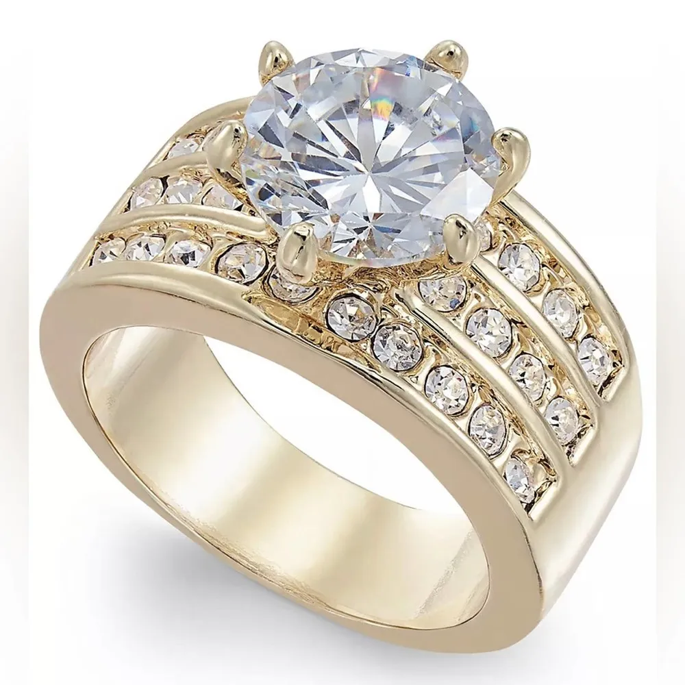 NEW Charter Club SOLITAIRE RING SZ 7 Crystal 3-Row Fine Gold Plate Macys Boxed - Image 6