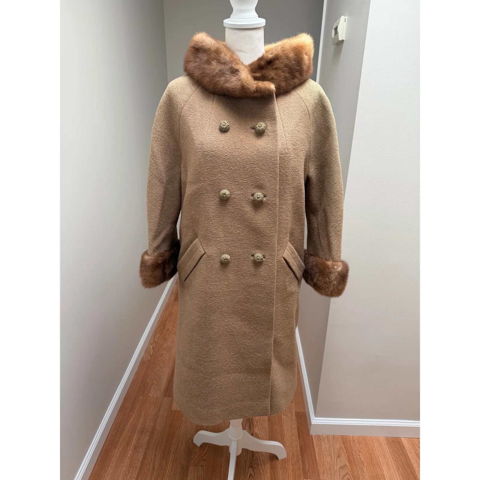 Vintage David Crystal Wool Coat Womens L Camel Fur Trim Double Breasted Luxe Tan Size L - Image 3