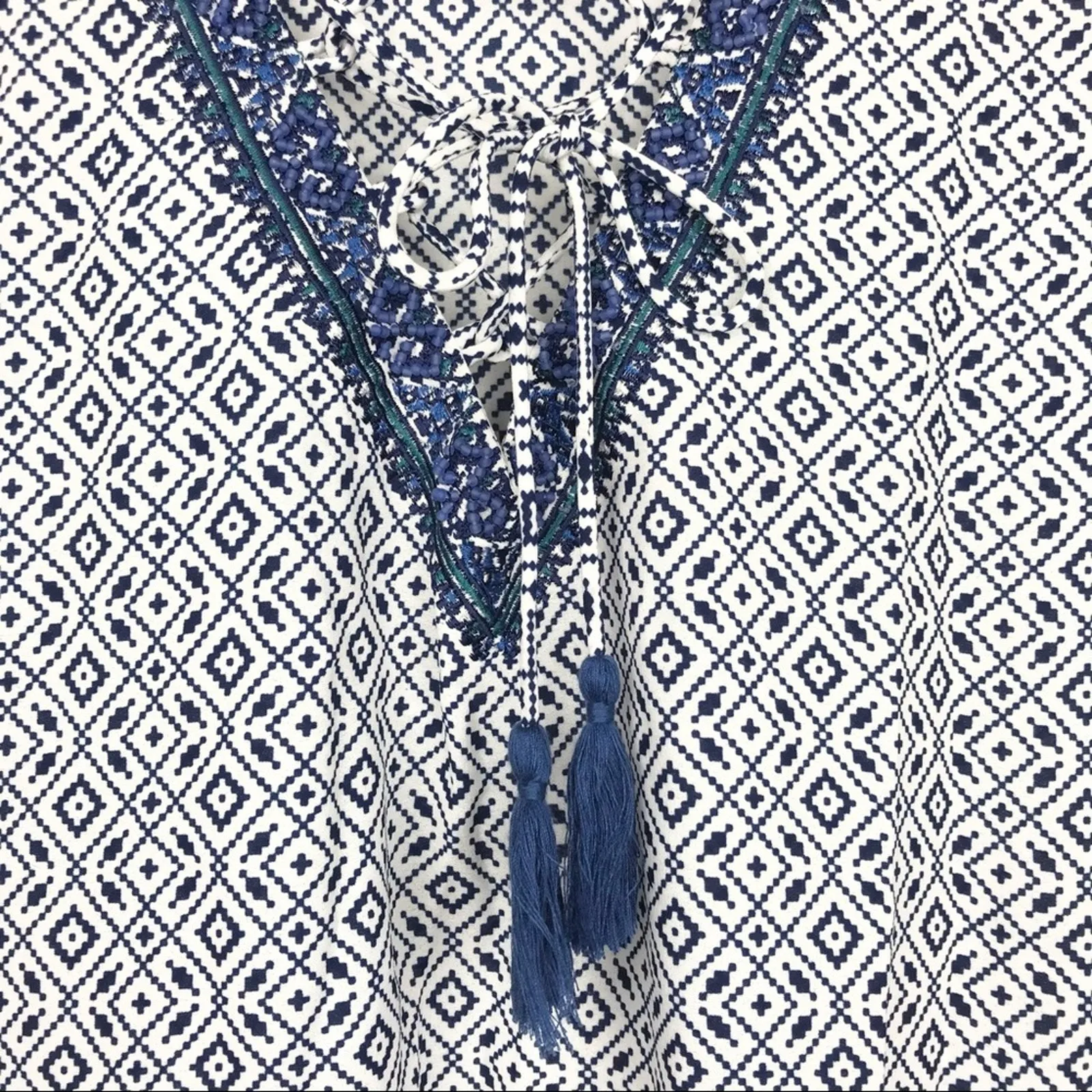 NYDJ Womens Beaded V-Neck Tassel Blouse 3/4 Sleeve Geometric Pattern Blue Small - Image 12