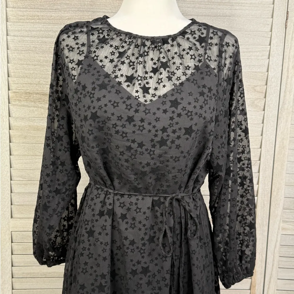 LOFT Black Velvet Star Long Sleeve Shift Dress w Waist Tie-Medium - Image 2