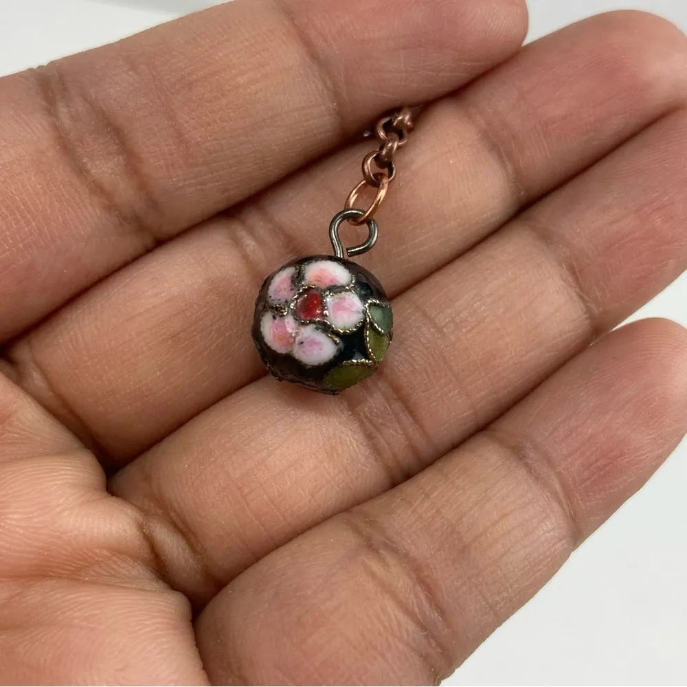 VTG Cloisonne Floral Bead Copper Chain Jewelry Retro Earrings Black - Image 7