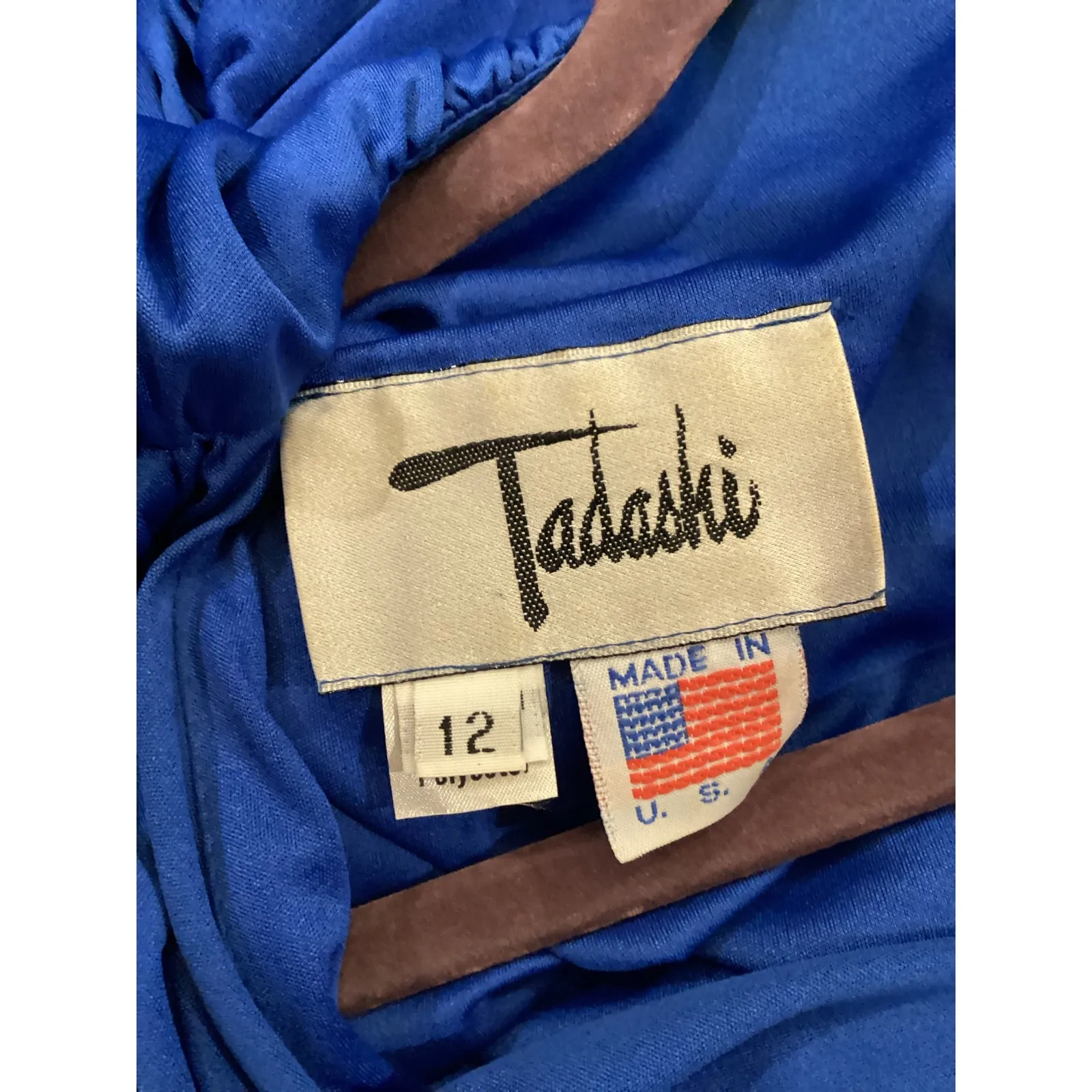 Vintage Tadashi draped long sleeve ruched midi dress with brooch 12 royal blue - Image 14