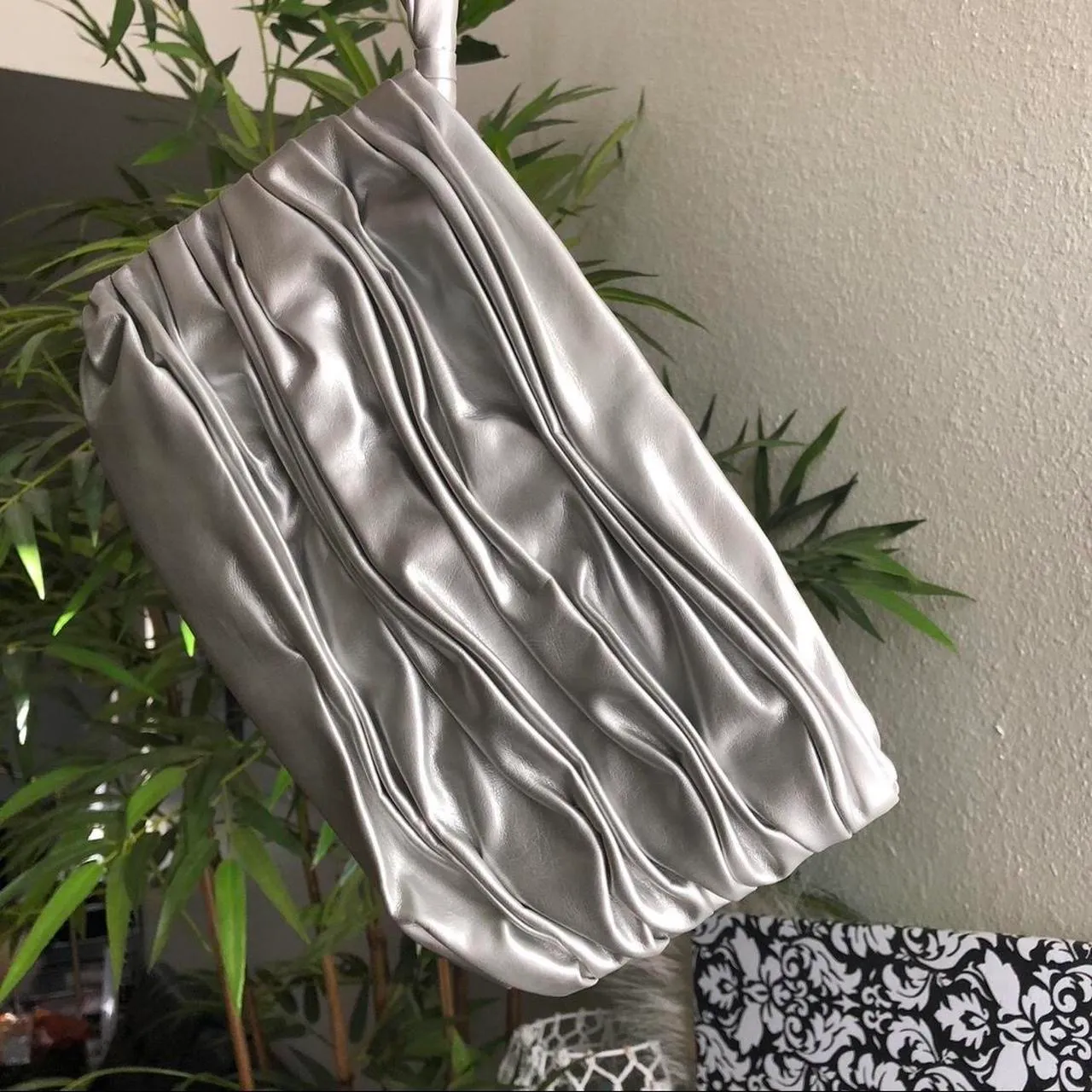 Silver Futuristic clutch bag wristlet purse ruched pattern - Image 2