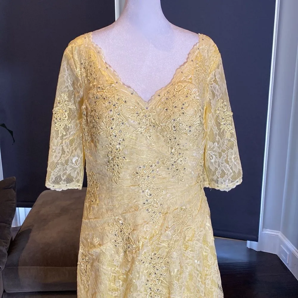 Women’s Yellow Lace Full Length Dress Mother of the Bride Small Train Zip Size L Yellow Size L - Image 2