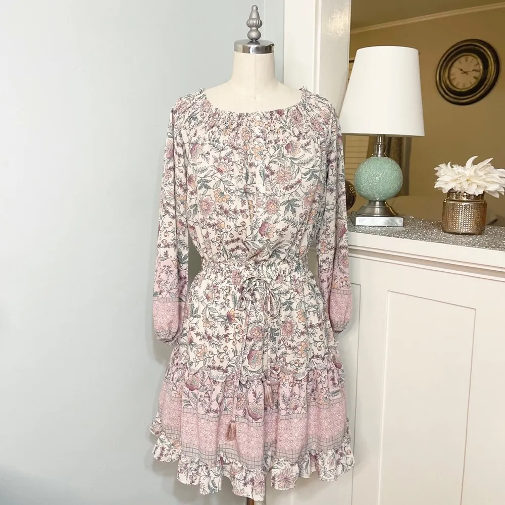 LOVESTITCH Pink Floral Ruffle Off Shoulder Boho Mini Dress Small Nwt - Image 7