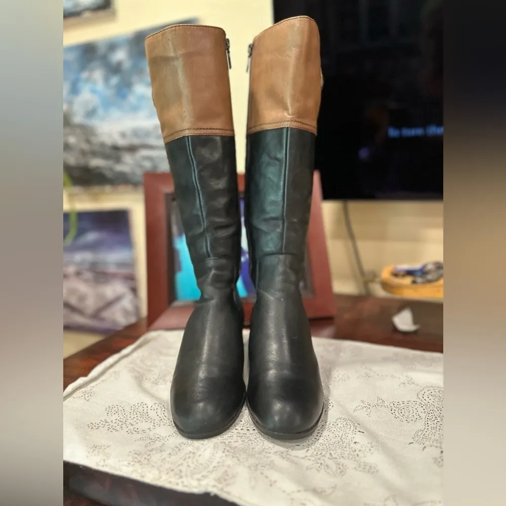 EUC Franco Fortini Leather Riding Boots Roxanne Black Tan Accent logo brass - Image 2