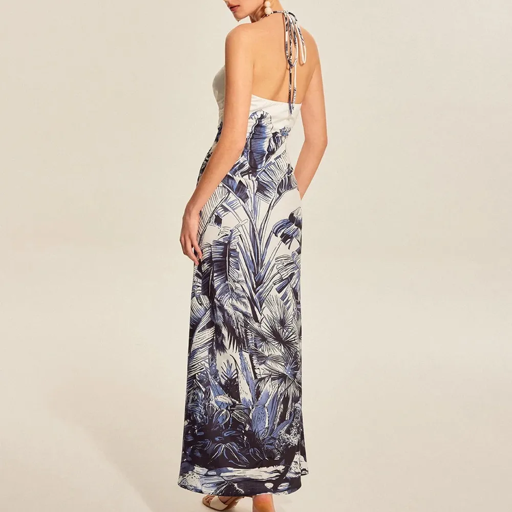 Commense Print Tie Halter Strapless Dress size small White - Image 2