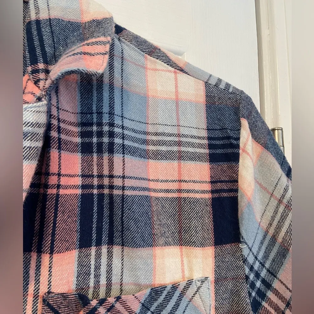 Old Navy Size M Navy Pink Plaid Cotton Flannel Short Sleeve Button Pajama Top - Image 10