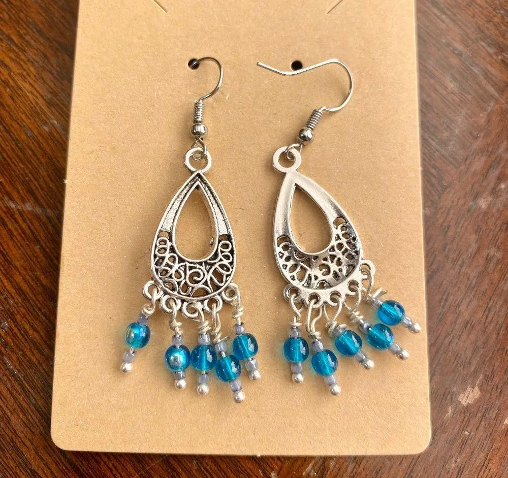 Antique Silver & Blue Aqua Round Glass Beaded Chandelier Earrings - Image 2
